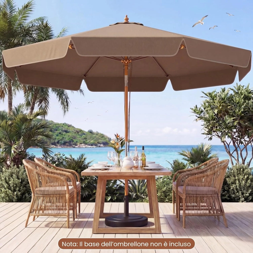 Ombrellone da Giardino 300 cm, con Inclinazione Regolabile, 8 Stecche, Ombrellone Spiaggia con Sollevamento a Carrucola, per Giardino, Spiaggia, Piscina (Marrone)
