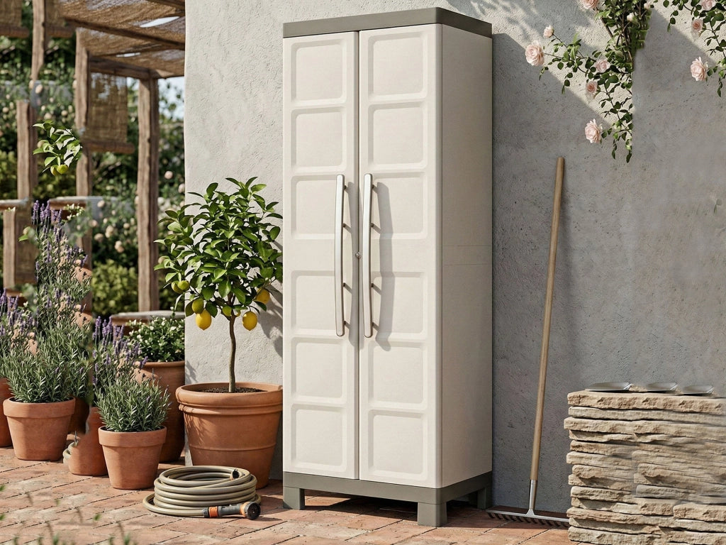 Armadio da esterno Strathmore, Mobile outdoor, Mobiletto giardino multiuso, Contenitore per balcone o garage, Made in Italy, 65x45 h182 cm, Sabbia