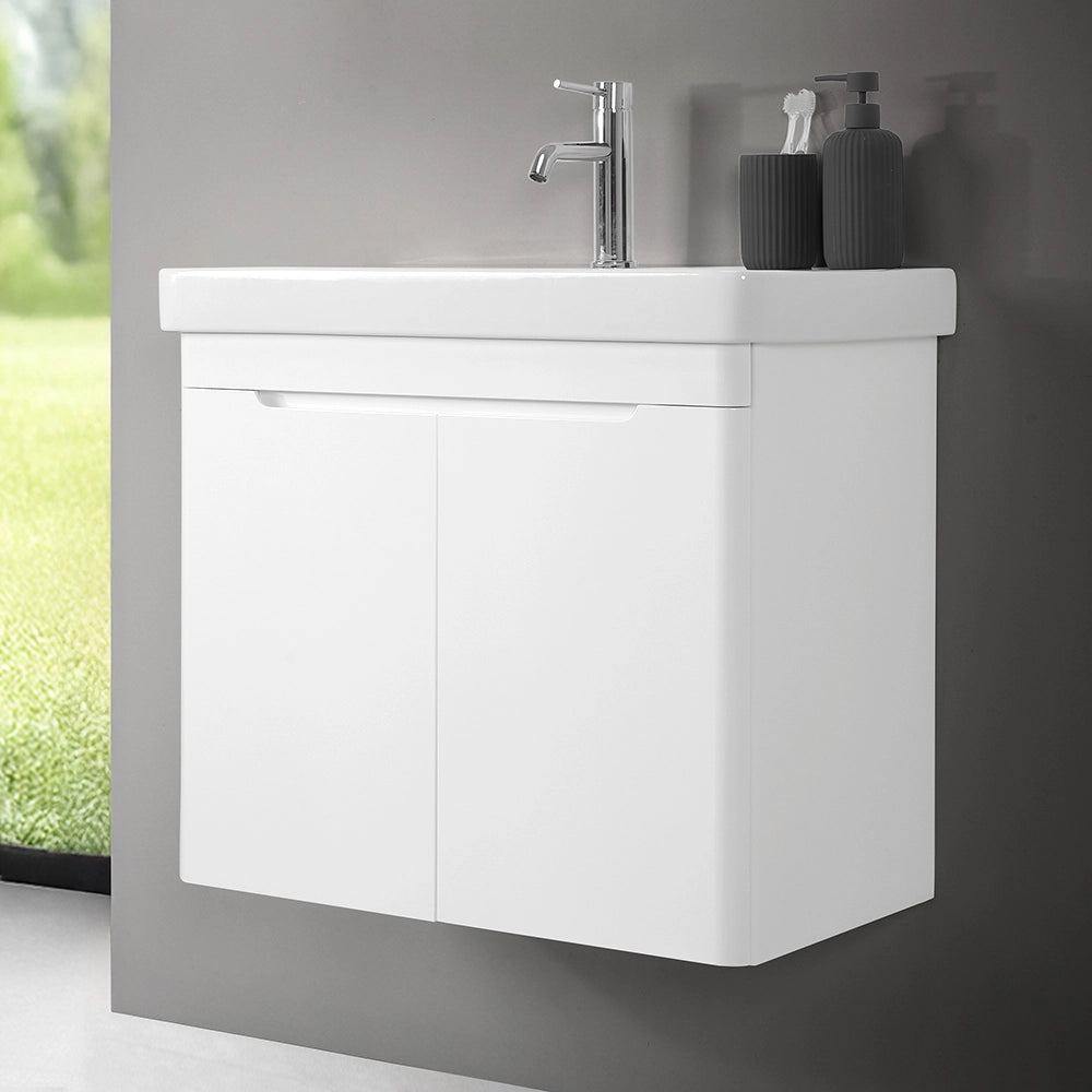 Mobile bagno sospeso 70 cm bianco lucido salvaspazio con specchio Clip