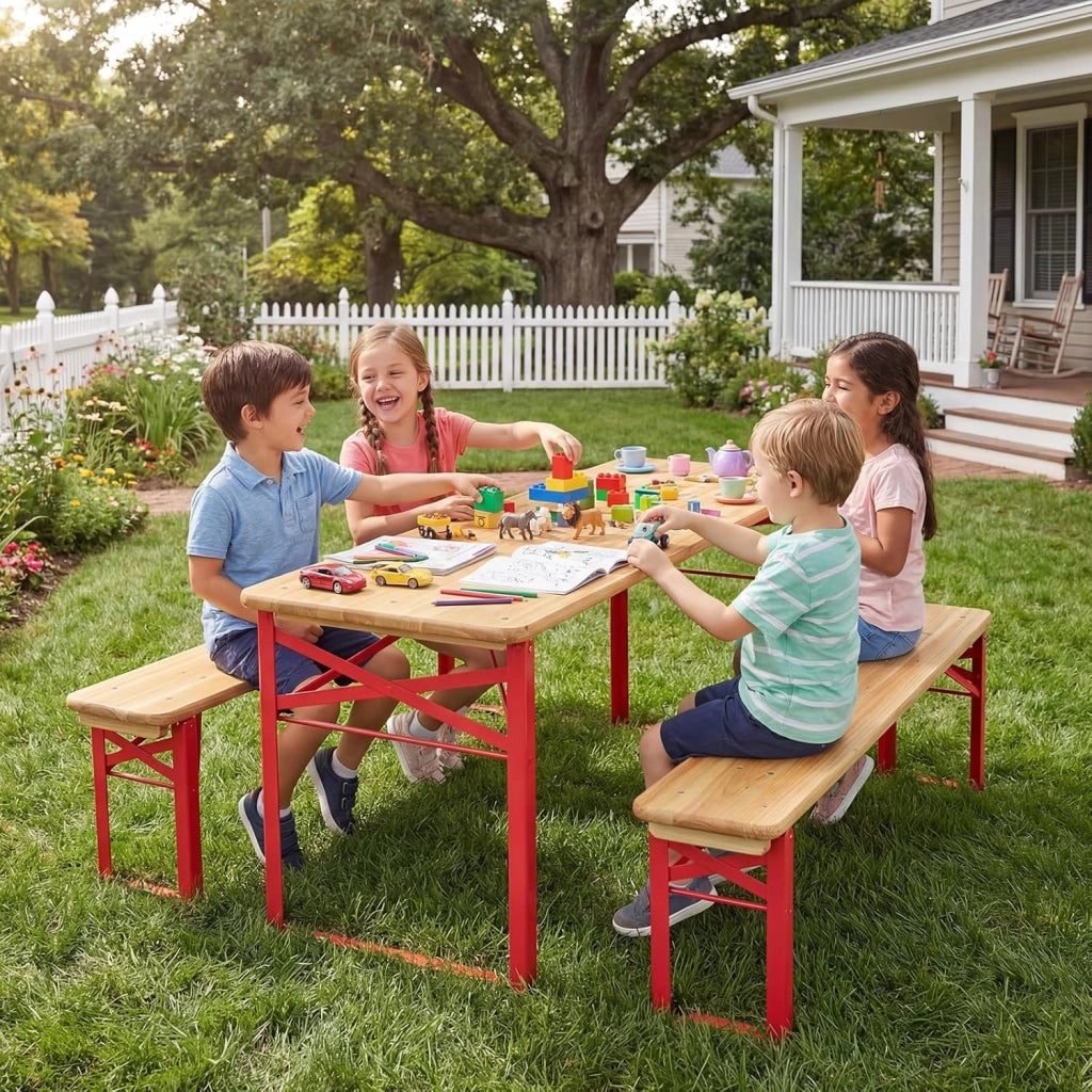 Set da Esterno 3 Pezzi per 4 Bambini, Tavolo da Picnic con 2 Panche in Legno Pieghevole, Robusta Struttura in Metallo, Facile da Riporre, Set da Giardino per Bambini 3-8 Anni per Patio