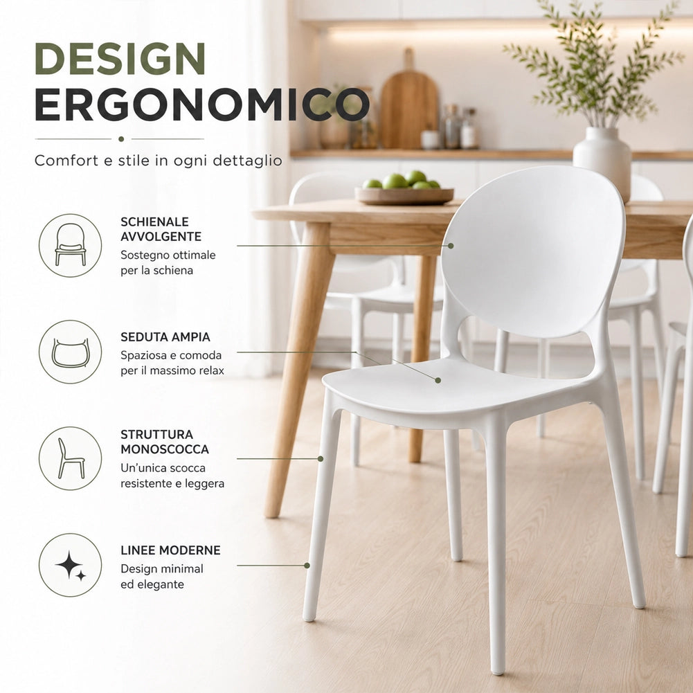 Set 4 Sedie da Pranzo Impilabili in Polipropilene Modello Milano 48x40x80 cm