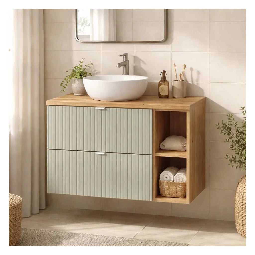 Insieme ELVINA 80cm: mobile sottolavabo con cassetti verdi e nicchie a vista + piano per lavabo effetto legno scuro