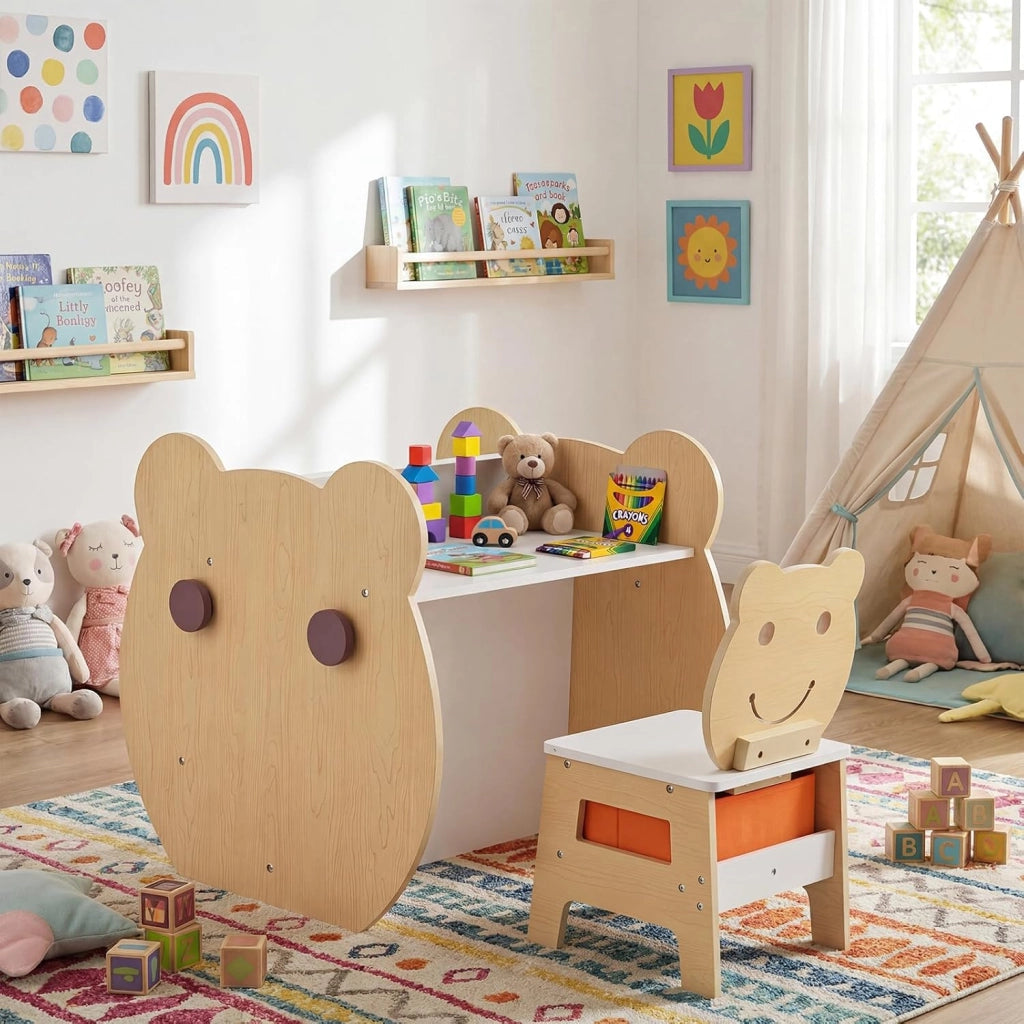 Set Tavolo e Sedia per Bambini 3+ Anni, Tavolo Multifunzionale con Lavagna Bifacciale, Ripiano e 4 Ganci Laterali, Sedia Comoda con Cassetto Rimovibile per Cameretta e Asilo (Naturale)
