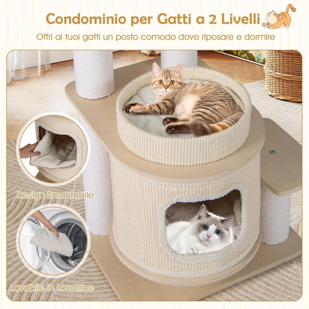 Albero per Gatti Alto 151 cm, Tiragraffi per Gatti con Comodo Poggiapiedi Imbottito, Condo a 2 Piani, Tappetini Morbidi Rimovibili, Posti Graffianti, Amaca Accogliente