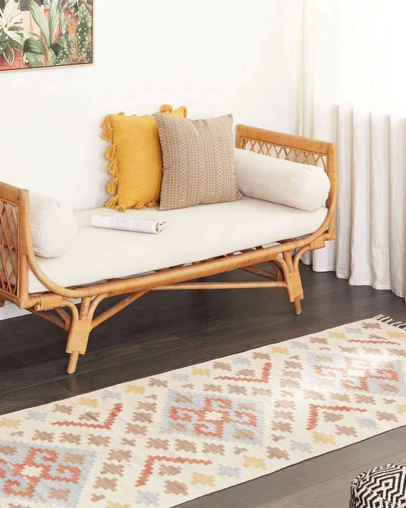 Tappeto Kilim in cotone multicolore 80 x 300 cm a pelo basso con motivi geometrici e frange Rettangolare Tradizionale