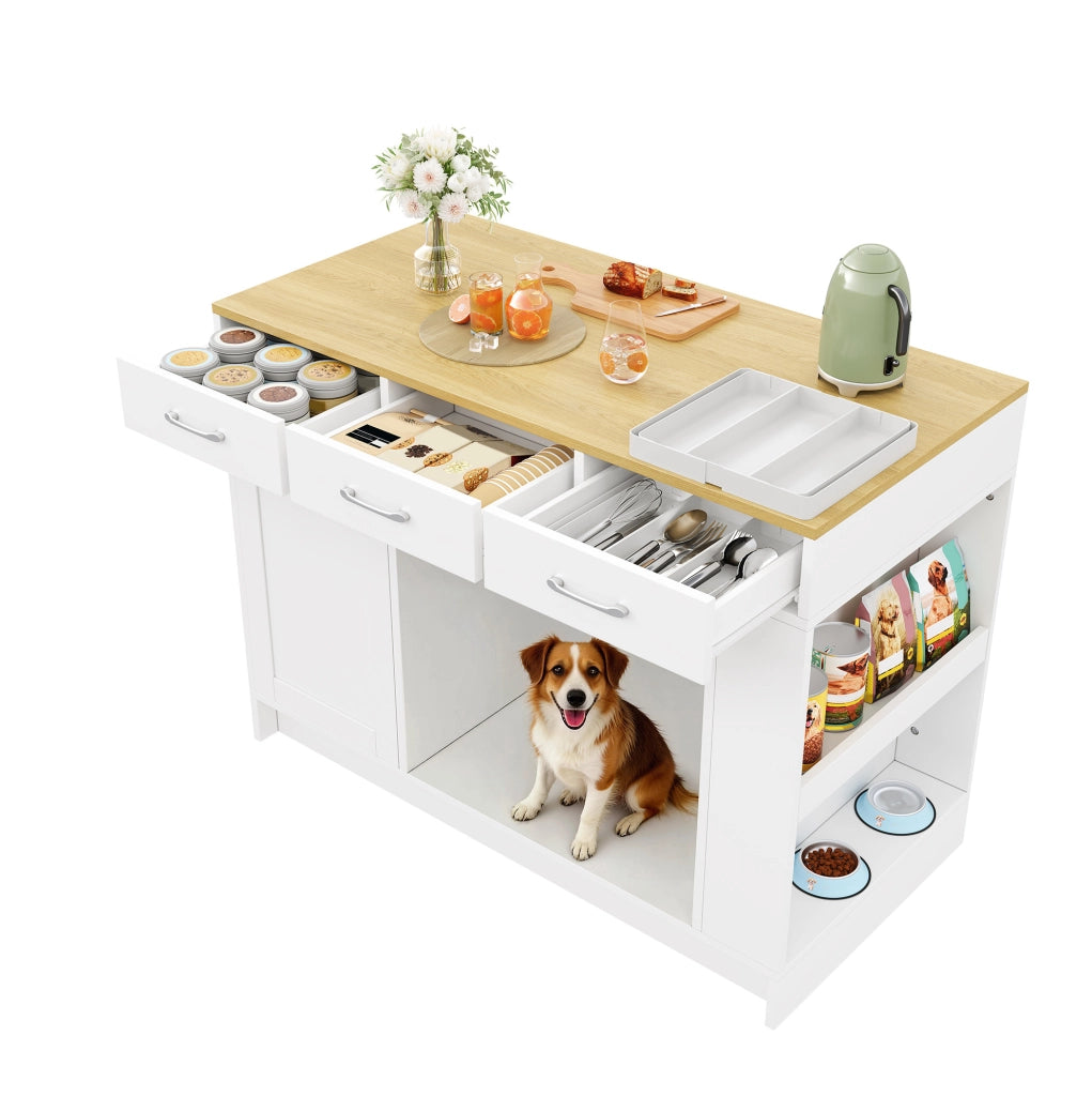 Isola da cucina con 3 cassetti e area per animali, 120 cm