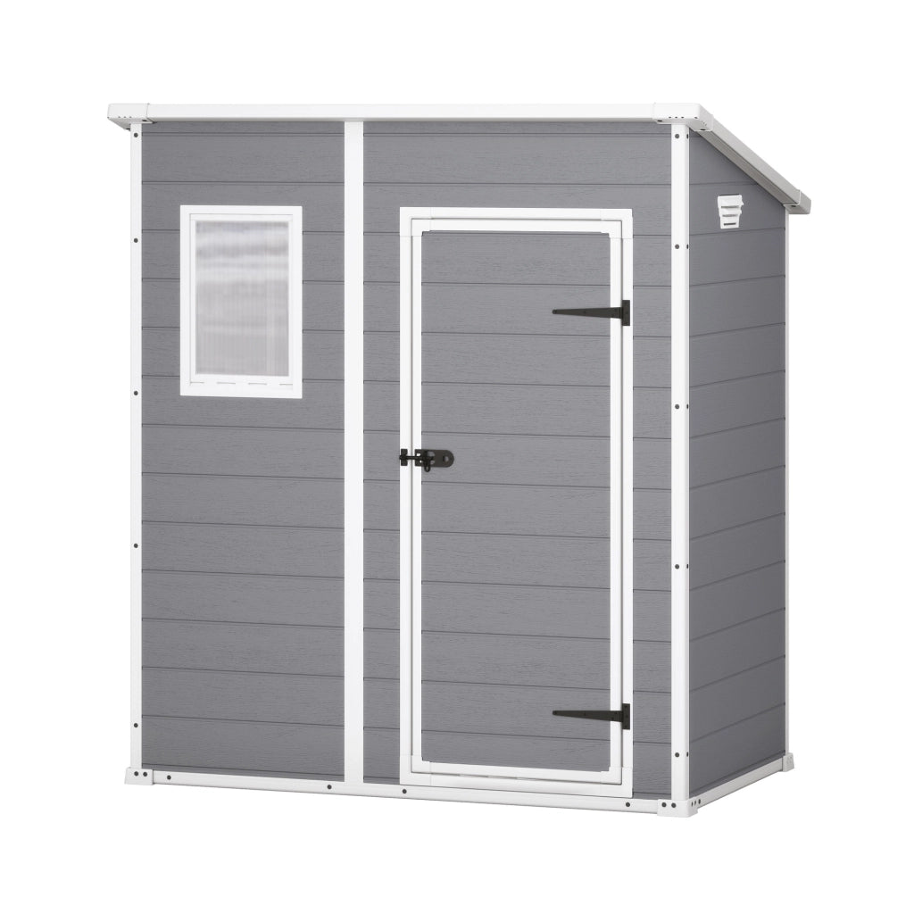 Manor Pent 6x4- Casetta da Giardino 183,50x200,50x111 cm 1 Anta per deposito attrezzi finitura effetto legno graffiato in Resina Grigio