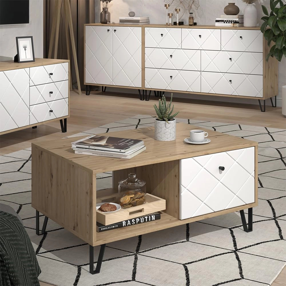 Tavolino Nizza, Rovere artigianale, 90.2 x 59.4 cm con scomparto aperto e cassetto, da utilizzare come superficie d'appoggio accanto al letto
