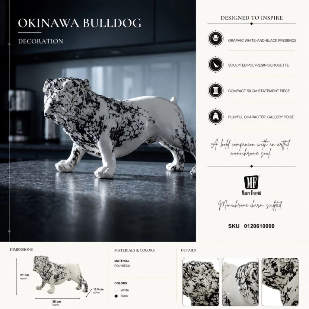 Scultura Bulldog decorativa in poliresina bianco e nero