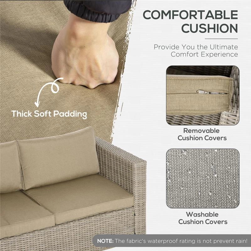 SET MOBILI DA GIARDINO 4 PEZZI IN RATTAN PE 1 DIVANO, 2 POLTRONE, 1 TAVOLINO E CUSCINI RIMOVIBILI E LAVABILI, KAKI E BEIGE