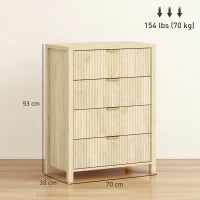 Cassettiera con 4 Cassetti Scanalati e Maniglie Dorate, 70x38x93 cm, Legno Naturale