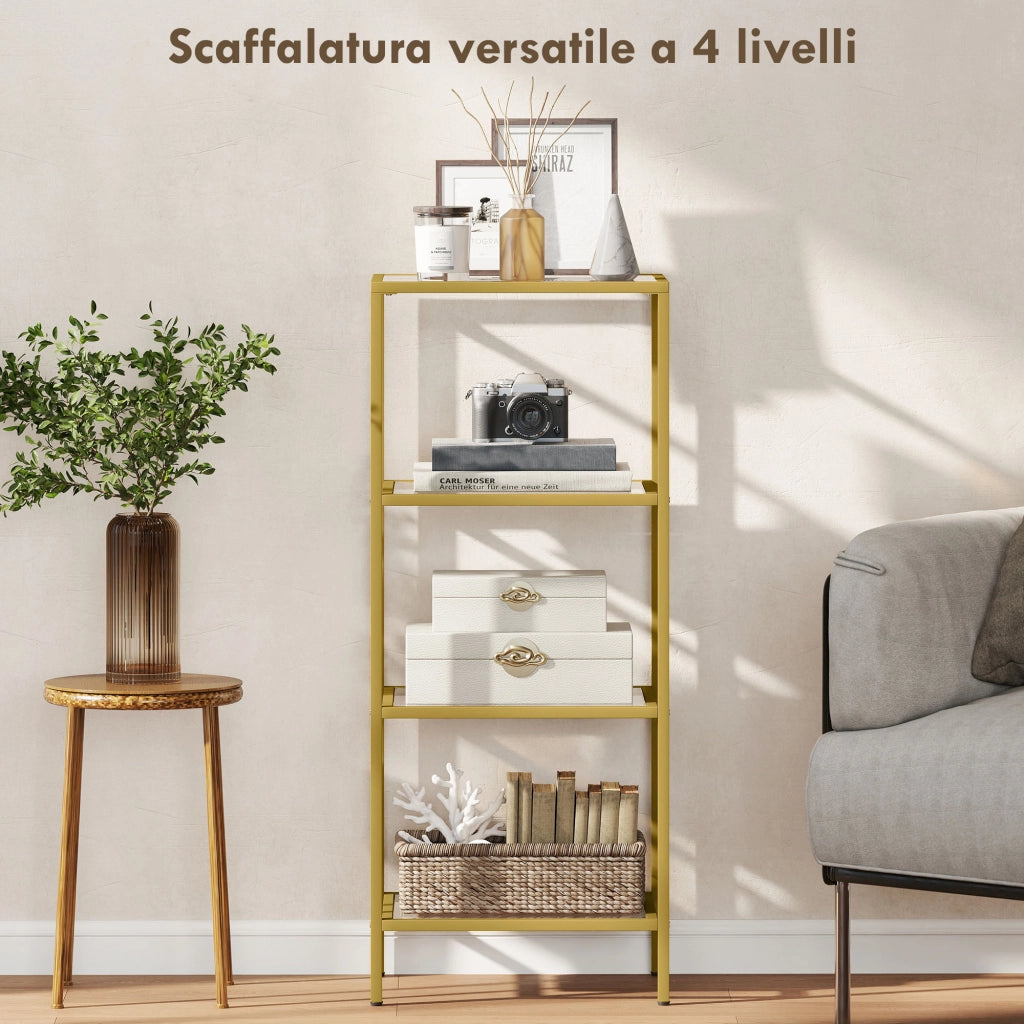 Mobiletto Scaffale a 4 Livelli Minimal in Metallo e Vetro Temperato, 40x30x96.5 cm, color Oro
