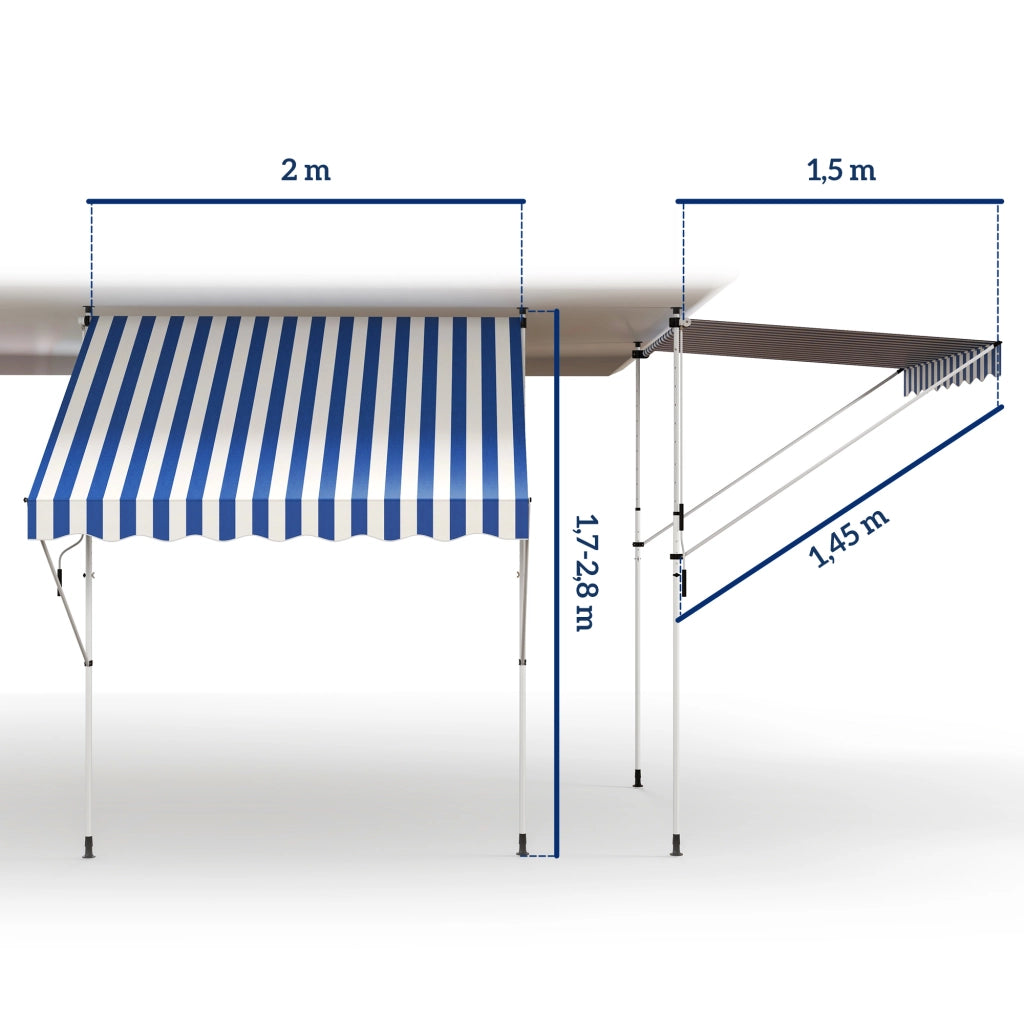 Tenda a braccio pieghevole con morsa per altezza regolabile 200x150cm blu/bianco realizzata in alluminio per terrazza e balcone