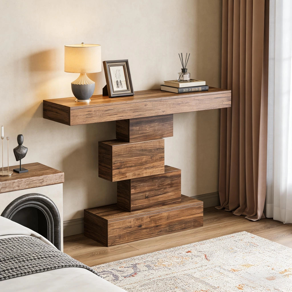 Consolle con struttura geometrica e ripiano decorativo per ingresso e soggiorno in legno marrone scuro 108 × 30 × 80 cm