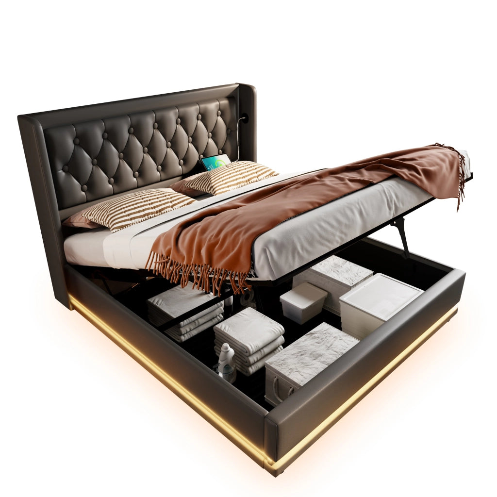 Letto matrimoniale 180x200 cm in PU nero con contenitore idraulico, testiera con USB e LED