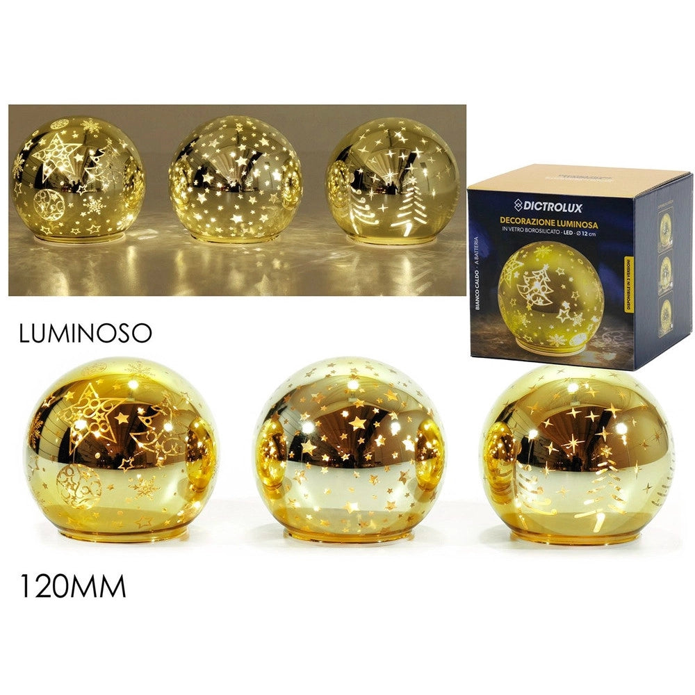 Trade Shop - Palla Decorativa In Vetro Oro Luminosa Natalizia Led Luce Bianco Caldo A Batteria ø120mm -