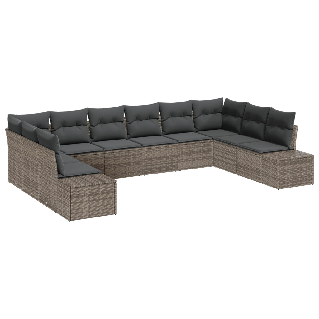 Set di divani da giardino con cuscini grigi in polyrattan da 10 pezzi