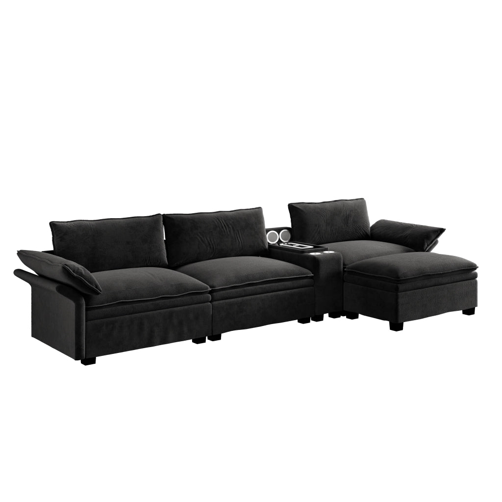 Divano modulare a L 315 cm a 4 posti con pouf; ricarica wireless; altoparlanti e luci; ciniglia; nero