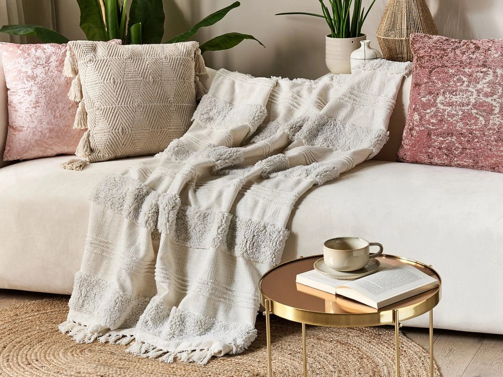 Coperta cotone beige chiaro 130 x 180 cm motivo geometri copriletto accogliente accessorio