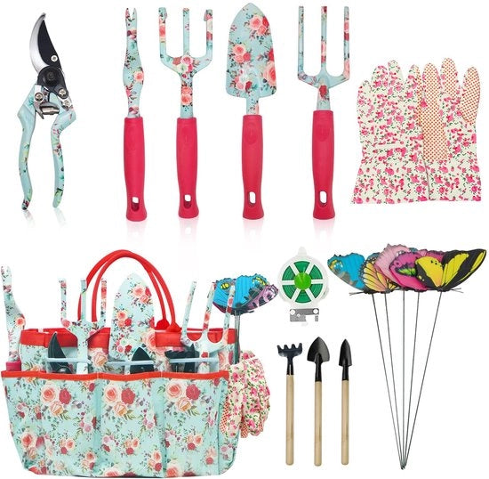 Set di attrezzatura da giardino 16 pezzi, set di regalo con attrezzatura da giardino, regalo per donne e uomini, con forbici da giardino e borsa di trasporto, regalo per accessori da giardino