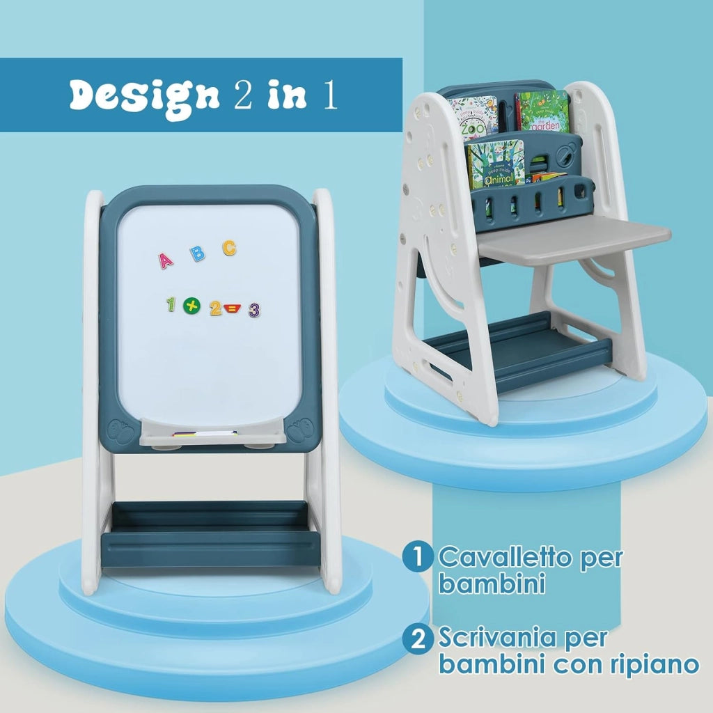 Set 2 in 1 Cavalletto per Bambini, Lavagna Magnetica Multifunzione Bifacciale, Libreria Bambini Altezza Regolabile, con Sedia e Accessori (Blu)