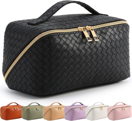Borse di trucco per donne con grandi tasche portatili, trucco impermeabile con divisori e organizzatore (nero elegante)