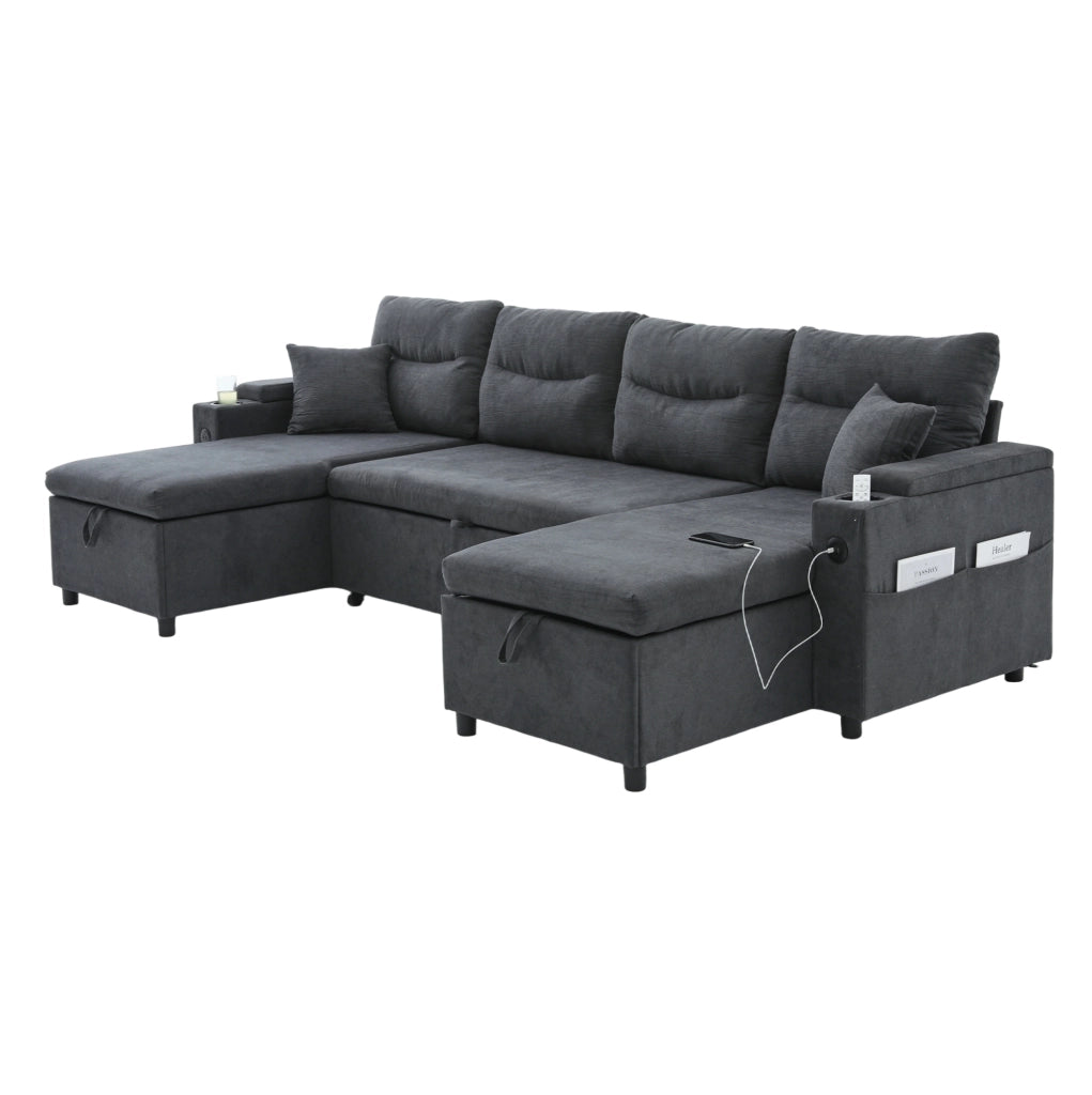 Divano 4 posti con doppia chaise longue; contenitori; portabicchieri e USB Type-C 272x136x86 cm; grigio scuro
