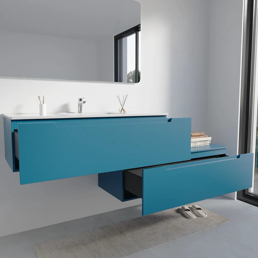 Mobile bagno sospeso modulare 100 cm dusk blue opaco due cassetti con lavabo | Bako