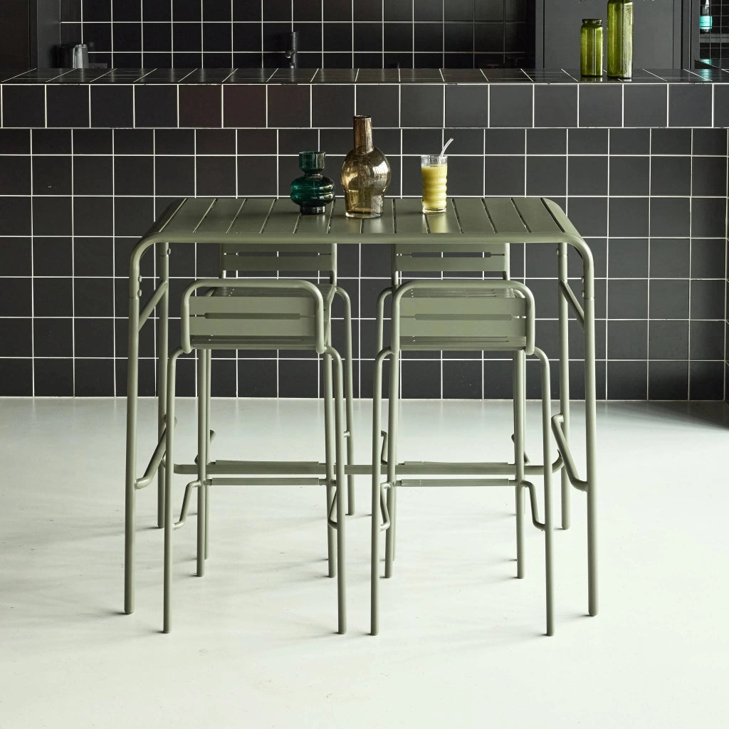 Set tavolo alto da giardino in acciaio con 4 sgabelli, 120cm, verde