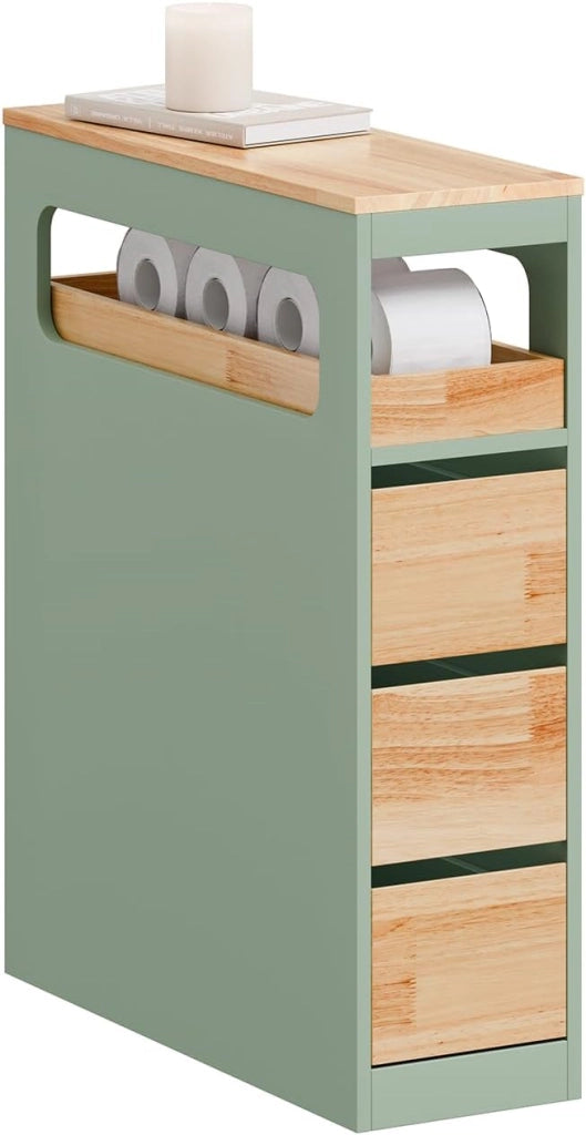 Mobiletto Bagno Salvaspazio con Ruote, Mobile Compatto con 3 Cassetti, per WC, Armadietto Bagno in Legno, Facile da Spostare, Verde, 65x24x82cm, BZR54-II-GR