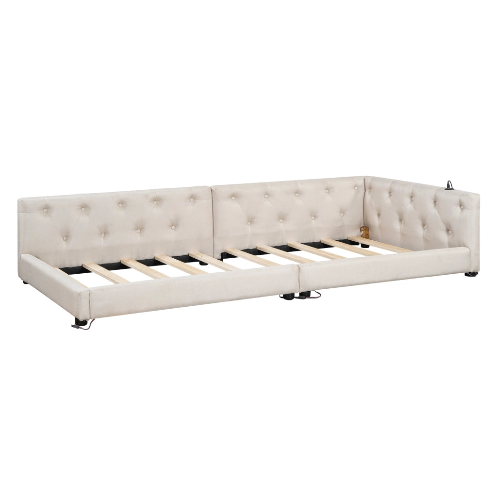 OKWISH Letto Divano 90×200 cm, Letto Singolo con LED Regolabile, USB, Tipo C e Testiera Imbottita, senza Materasso, Beige