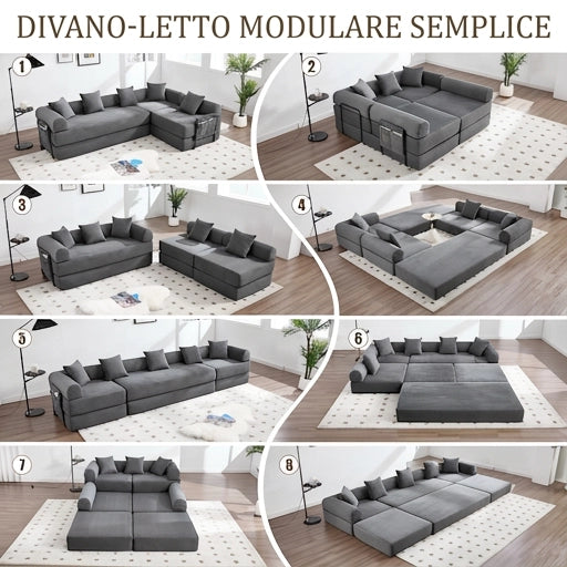 Divano modulare 4 posti in velluto a coste grigio scuro 270x180 cm