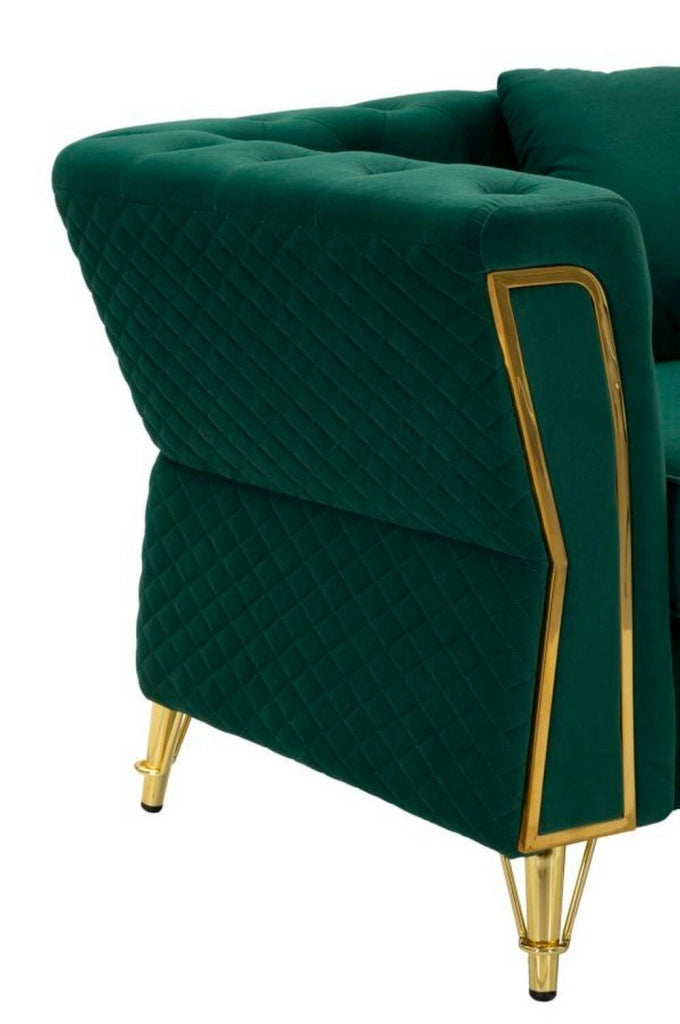 Poltrona Gabbiano, Seduta imbottita, Divano singolo da salotto, Sedia con braccioli, 104x83 h76 cm, Verde e Oro