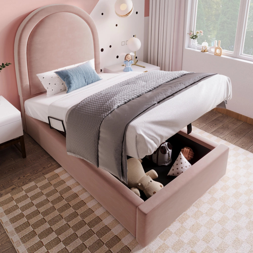 Letto imbottito singolo 90x200 cm rosa in velluto con contenitore