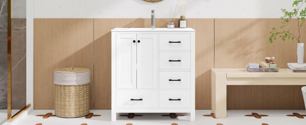 Mobile sottolavabo con lavabo in ceramica, 1 anta, 4 cassetti e 3 ripiani, per bagno, bianco, 76 × 46 × 82 cm