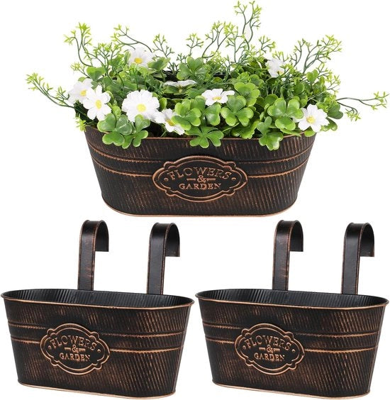 Due vasi da fiore appesi in metallo da 27 cm, grandi vasi da piante appesi con due ganci rimovibili, adatti per la decorazione di balcone e giardino.