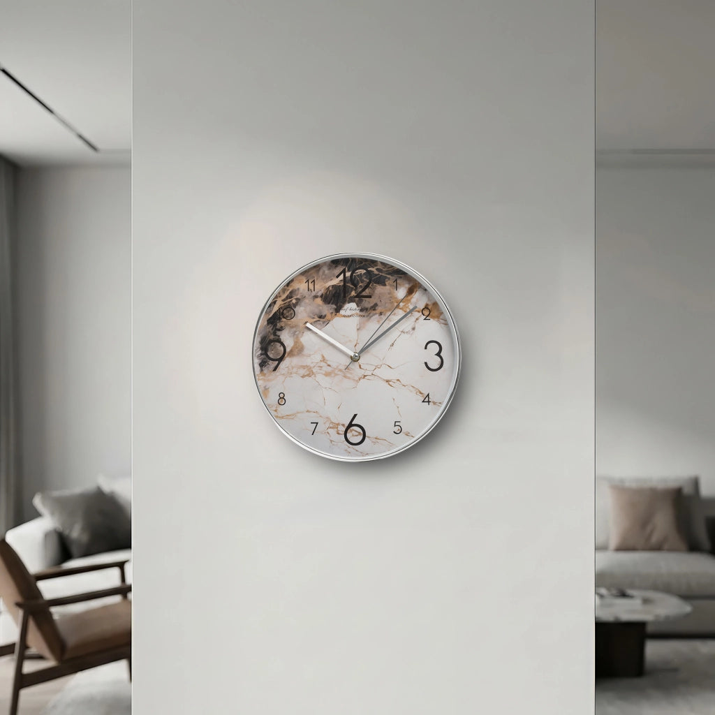Orologio da Parete Mithas 30 cm Effetto Marmo con Cornice Argento o Oro Design Moderno Elegante per Soggiorno Cucina Ufficio Argento