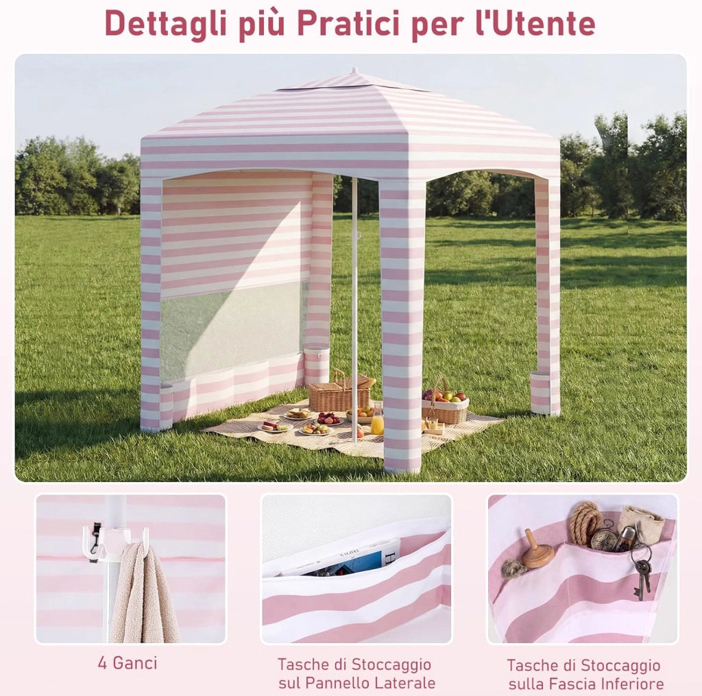 Tenda da Spiaggia Pieghevole, Tenda da Mare con Parete Laterale Rimovibile e Borsa Portatile, Regolabile in Altezza, per Spiaggia, Campeggio e Picnic (Rosa+Bianco, 185 x 185 cm)