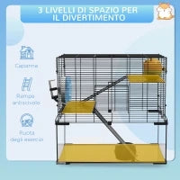 Gabbia per Criceti a 3 Livelli con Ruota, Rampe e Fondo Rimovibile, 60x40x57cm, Nero
