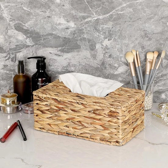 Scatola di carta da naso in rattan, tovaglioli da cosmetica a maglia a mano, contenitore per fazzoletti, cassetto per tovaglioli per soggiorno, sala da pranzo, ufficio, hotel, ristorante (rettangolare grande)