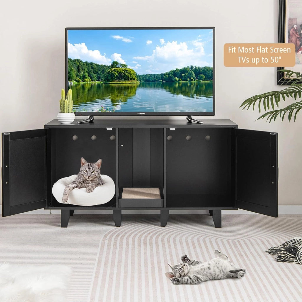 Mobile Lettiera per Gatti con 2 Ante, Armadio per Gatto in Legno con Ingresso Centrale e Tiragraffi, Grotta Rifugio Multiuso per Soggiorno e Camera da Letto, 120 x 52 x 65 cm (Nero)