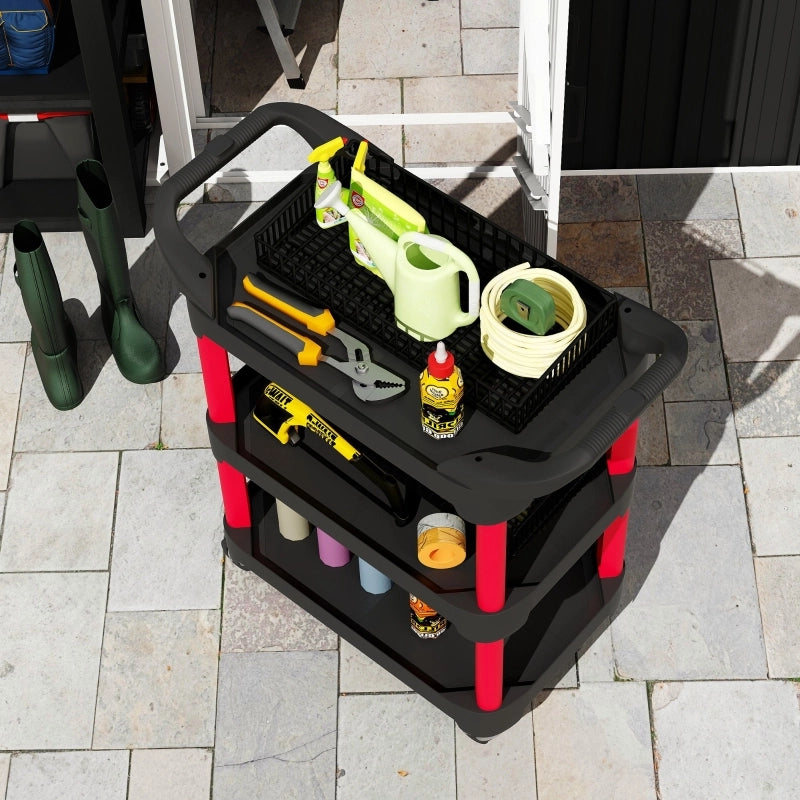Carrello Portautensili 81x43x96 cm Nero in Plastica a 3 Livelli con 4 Ruote e Portata 68 kg