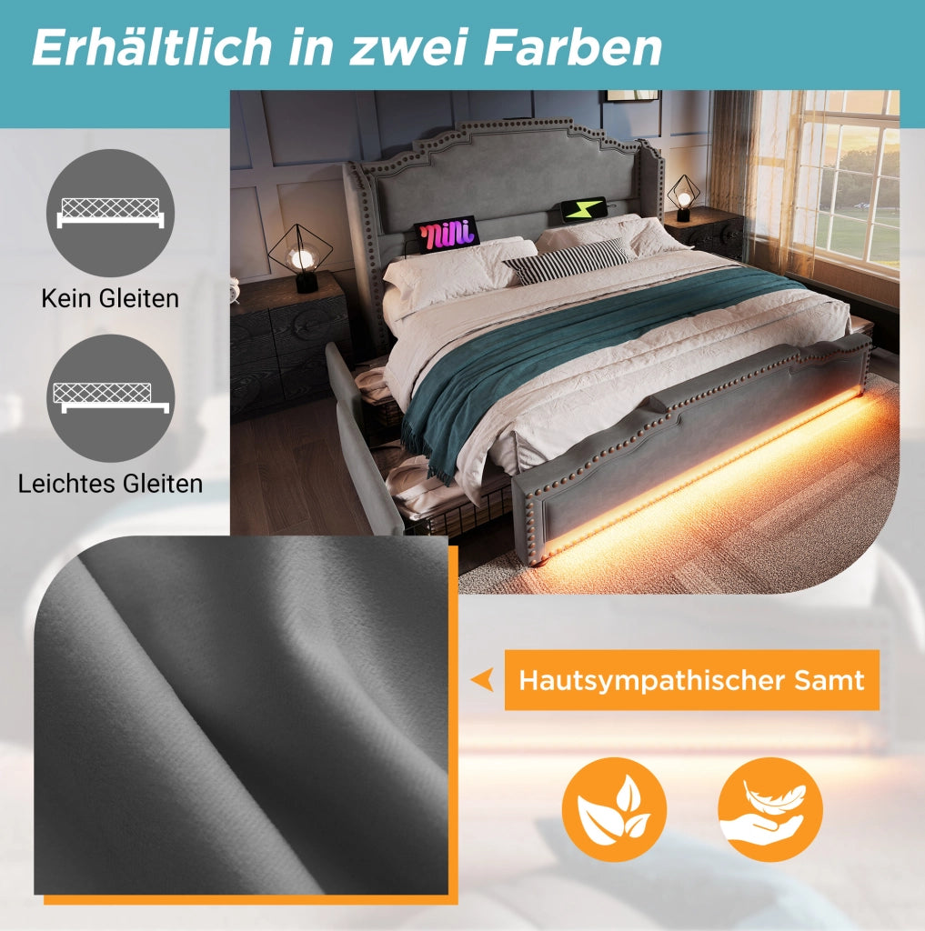 Letto matrimoniale 180x200 cm con 4 cassetti; LED; USB e Type-C; velluto grigio