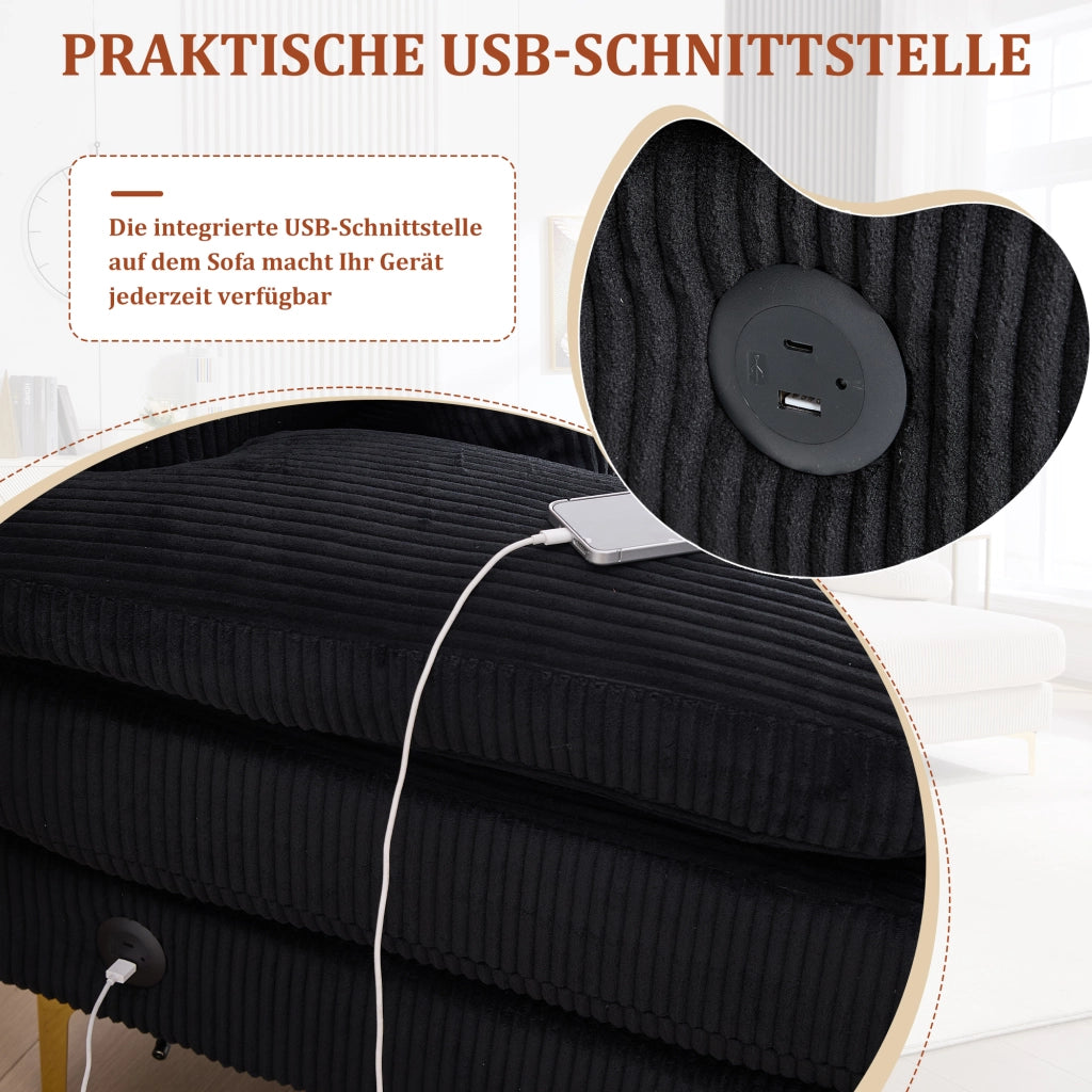 Divano panoramico a U con LED integrata e Porta USB, Schienale ergonomico, in Velluto Nero