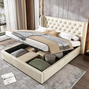 Letto imbottito Chesterfield 140x200 in velluto con contenitore; beige