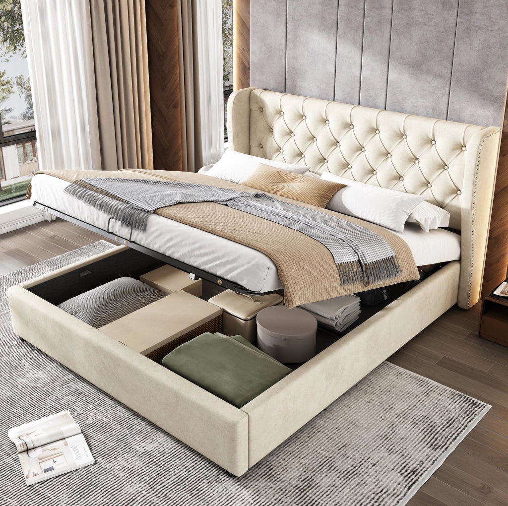 Letto imbottito Chesterfield 140x200 in velluto con contenitore; beige