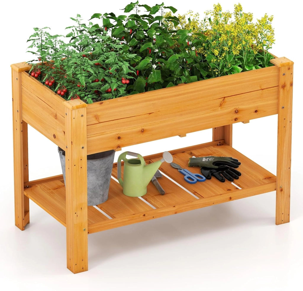 Letto per Orto Rialzato da Esterno in Legno di Abete, Fioriera Rialzata con Fori di Drenaggio e Ripiano Inferiore, Letto per Piante Urbano da Giardino e Patio, 120 x 60 x 82 cm (Naturale)