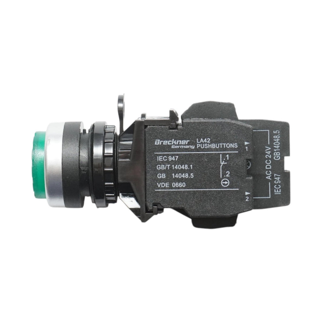 Pulsante luminoso convesso 24V AC/DC LED verde con ritorno 1NO+1NC, 10A/600V AC, 1A/250V DC LA42 Breckner Germany