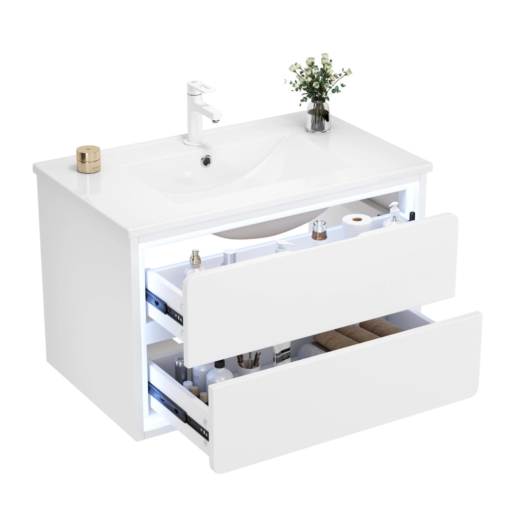 Mobile Bagno Sospeso con Lavabo Integrato e LED ¨C MINIMAL ¨C Bianco, 2 Cassetti, 76x46x48.5cm