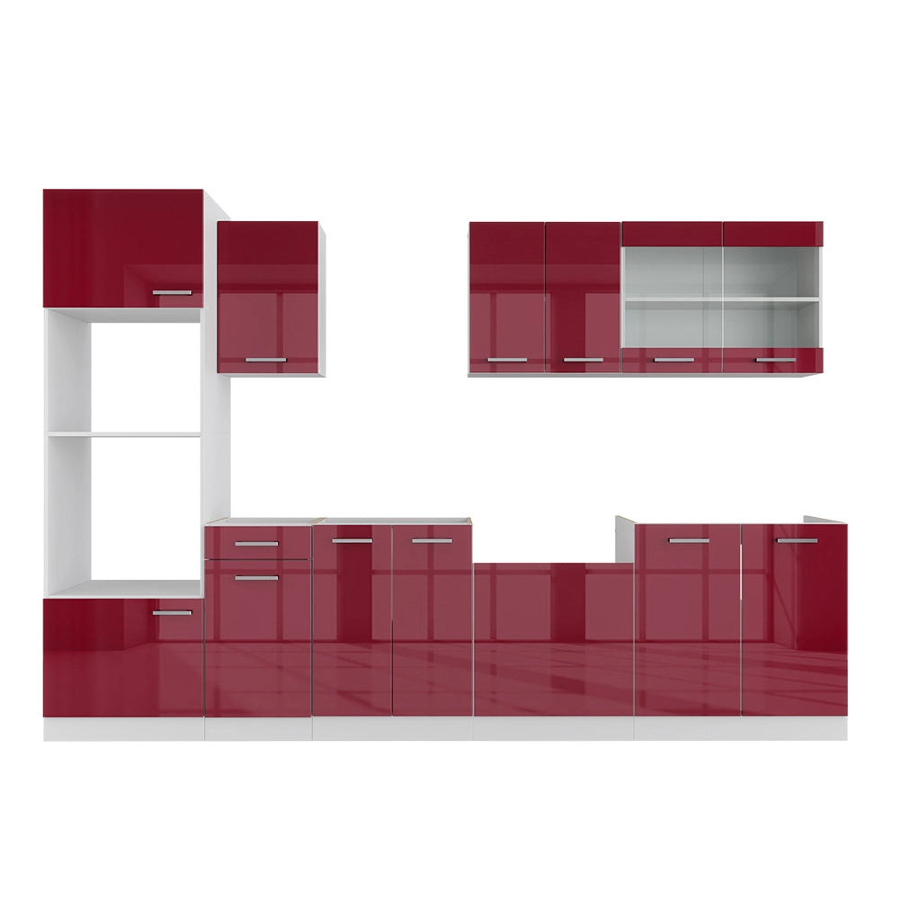 Vicco Cucina componibile Rosso lucido/bianco 300 cm con armadio alto, senza piano di lavoro